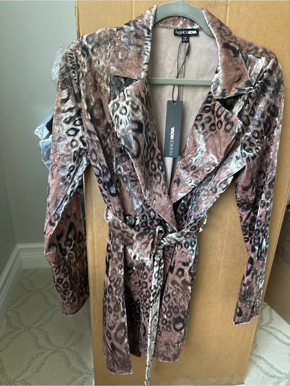 Fashion Nova Brown Leopard Velvet Trench Coat with Self-Tie Belt